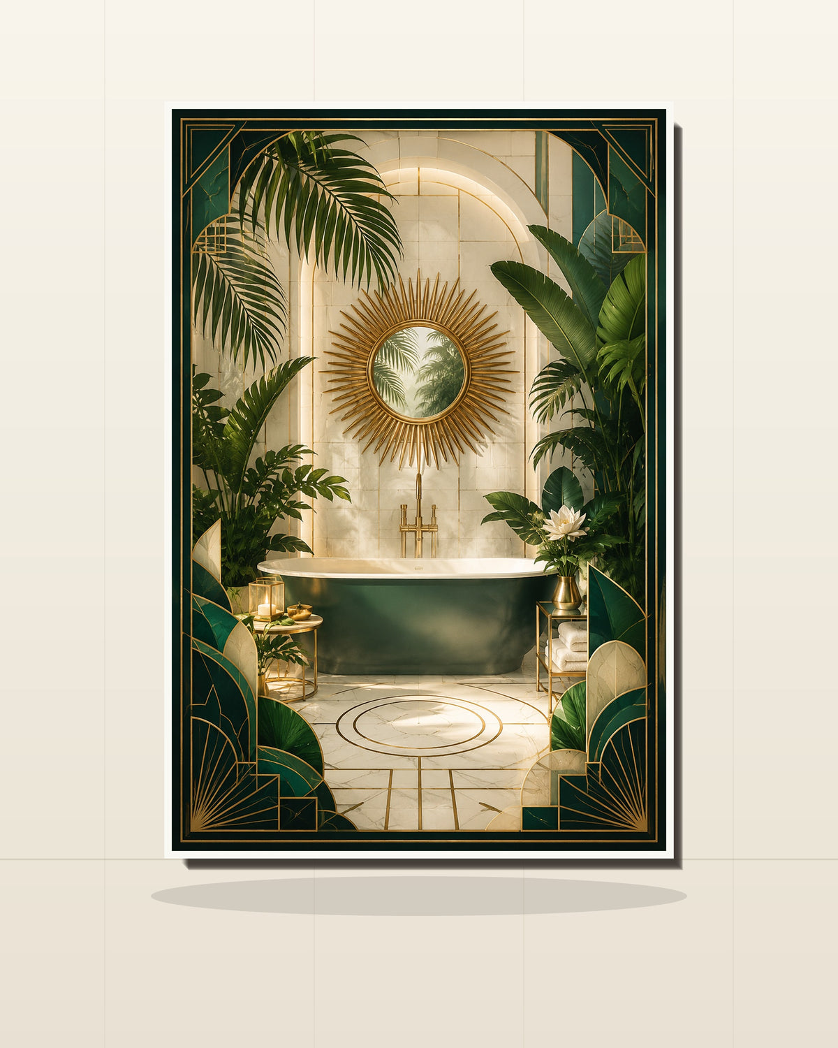 Neo Deco Tropical Bathroom Poster shown as a matte wall art print