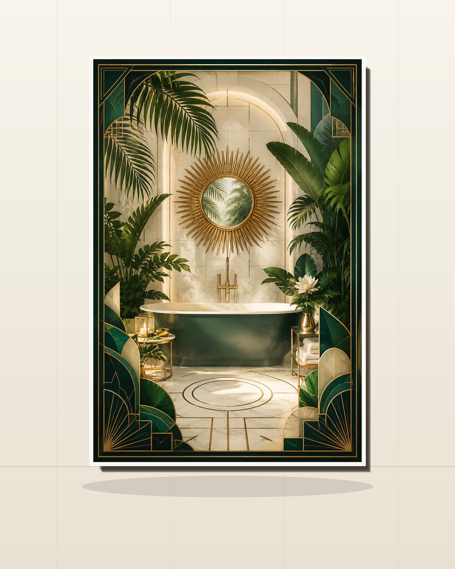 Neo Deco Tropical Bathroom Poster shown as a matte wall art print