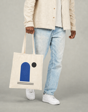 Blue Window design on a natural canvas tote