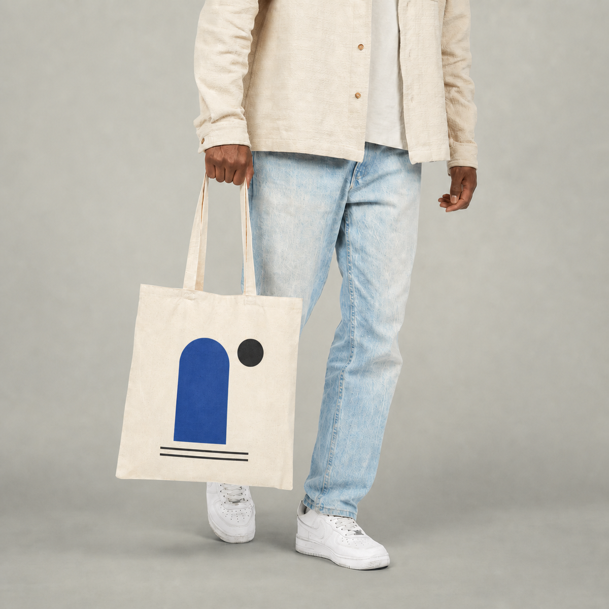 Blue Window design on a natural canvas tote